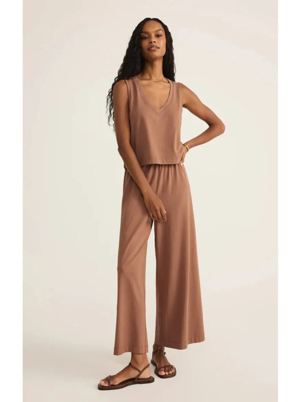 Z Supply Sloane Jersey V Neck Tank and Scout Wide Leg Pant Teakwood XS